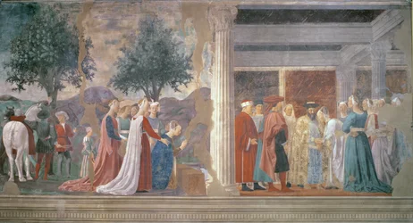 La reine de Saba adorant le bois de la Vraie Croix et la réception de la reine de Saba par le roi Salomon (v. 1015-977), du cycle de la Légende de la Vraie Croix, achevé en 1464